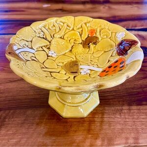 70s Vintage Yellow Mushroom Ceramic Pedestal Bowl